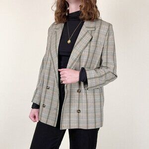 Vintage Plaid Double Breasted Oversized Blazer Jacket Pea Coat Preppy Long Light
